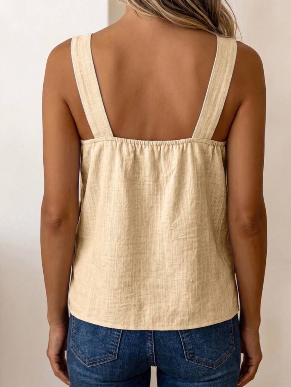 Linen-Blend Square Neck Tank Top in Beige - Picture 2 of 3